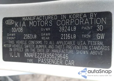 2009 Kia Spectra Ex z USA, uszkodzony, nr VIN KNAFE221X95629646